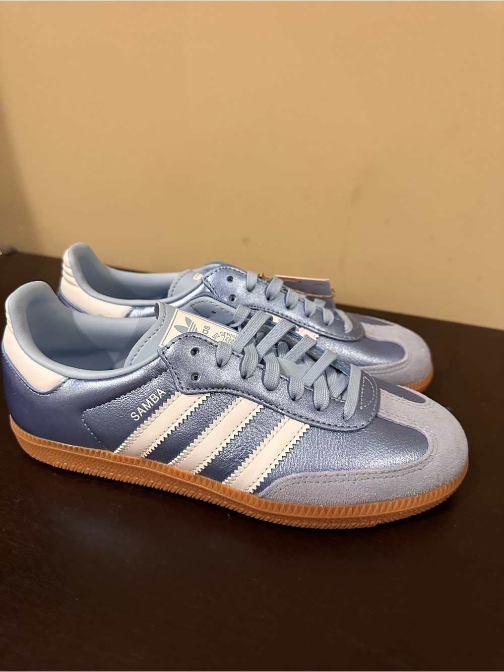 adidas Samba Sneakers in Light Blue & White with Gum Sole